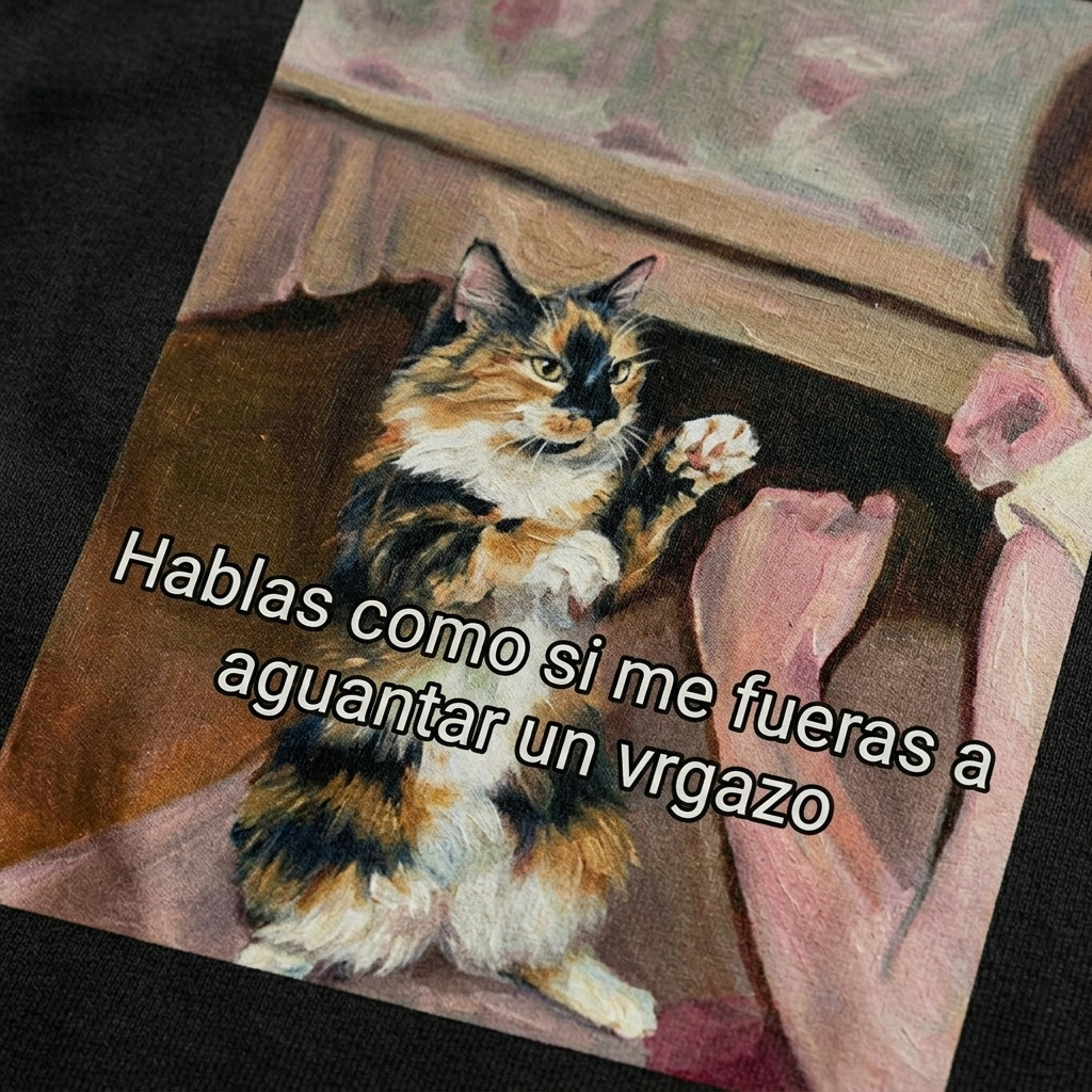 Playera negra con diseño de gato ilustrado estilo pintura vintage