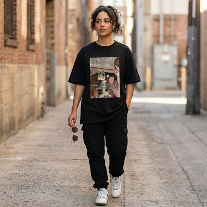 Playera negra con diseño de gato ilustrado estilo pintura vintage
